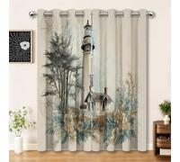 Retro Lighthouse Flowers 100% Blackout Curtains for Living Room Bedroom W55 x L90 Inch (2 Panels), Cream Print Eyelet Curtain Thermal Insulated Noise Reducing Window Curtain Drapes