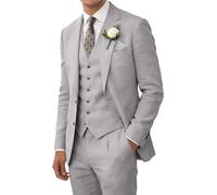 Retro Linen Men Suit Beach Wedding Suit Summer Slim Fit 3 Pieces Light Weight Linen Suit Jacket Vest Pant Homecoming Tuxedo, Gray, Small