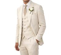 Retro Linen Men Suit Beach Wedding Suit Summer Slim Fit 3 Pieces Light Weight Linen Suit Jacket Vest Pant Homecoming Tuxedo, Beige, XXL