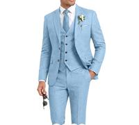 Retro Linen Mens Suit 3 Pieces Light Weight Linen Suit Linen Summer Slim Fit Suits Tuxedo Jacket Blazer Vest Pant for Men, Light Blue, 3XL