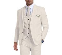 Retro Linen Mens Suit 3 Pieces Light Weight Linen Suit Linen Summer Slim Fit Suits Tuxedo Jacket Blazer Vest Pant for Men, Beige, L