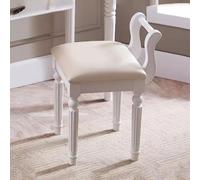 Retro Makeup Chair Solid Wood Desk Stool with Low Backrest Thick Cush Rubberwood Legs Easy Assembly PU White h for Dressing Table