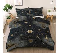 Retro Map Duvet Cover Queen Size, Golden Line Quilt Cover Set, Compass Anchor Sailboat 3 pcs Bedding Set with 8 Corner Ties and 2 Pillowcases, Nautical Theme Quilt Cover Wrinkle-free