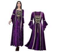 Retro Medieval Women's Dress with Trumpet Sleeves, Medieval Victorian Green Velvet Queen Dresses, Renaissance Irish Dress, Carnival Halloween Party (M, Purple)