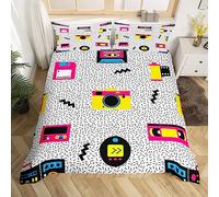 Retro Memphis Music Duvet Cover Single 80S 90S Fashion Bedding Set Videotape Audiocassette Photo Camera Comforter Cover Geometric Memphis Quilt Cover Funky Fashion Bedroom Decor 1 Pillow Case