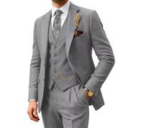Retro Men Suit 3 Piece Tweed Herringbone Men's Suits Wool Jacket Tuxedos Wedding Grooms Blazer Vest Pants Set Prom, Light Gray, XL