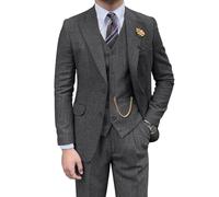 Retro Mens 3 Piece Suit Tweed Herringbone Slim Fit Suits Groomsmen Brown Tuxedos Set Prom Jacket Blazer Vest Pants for Men, Grey, L