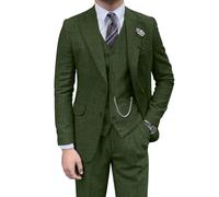 Retro Mens 3 Piece Suit Tweed Herringbone Slim Fit Suits Groomsmen Brown Tuxedos Set Prom Jacket Blazer Vest Pants for Men, Green, M