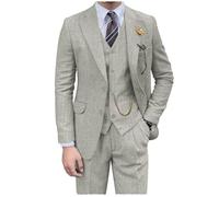 Retro Mens 3 Piece Suit Tweed Herringbone Slim Fit Suits Groomsmen Brown Tuxedos Set Prom Jacket Blazer Vest Pants for Men, Light Grey, L