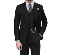 Retro Mens 3 Piece Suit Tweed Herringbone Slim Fit Suits Groomsmen Brown Tuxedos Set Prom Jacket Blazer Vest Pants for Men, Black, XL