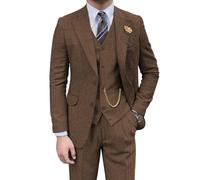 Retro Mens 3 Piece Suit Tweed Herringbone Slim Fit Suits Groomsmen Brown Tuxedos Set Prom Jacket Blazer Vest Pants for Men, Brown, L