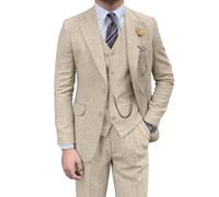 Retro Mens 3 Piece Suit Tweed Herringbone Slim Fit Suits Groomsmen Brown Tuxedos Set Prom Jacket Blazer Vest Pants for Men, Beige, M
