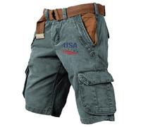 Retro Men's Shorts Cargo Shorts USA Print Casual Trousers with Multiple Pockets Waist Loose Fit Cargo Shorts Vintage Tactical Trousers Casual Trekking Trousers Comfortable Work Shorts, Gn3, S