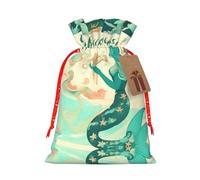 Retro Mermaid Print Christmas Gift Bag, Drawstring Christmas Bags Reusable Gift Bags With Name Tags