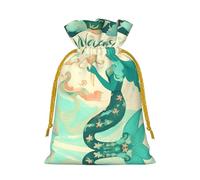 Retro Mermaid Print Christmas Gift Bag, Drawstring Christmas Bags Reusable Gift Bags With Name Tags