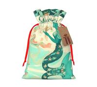 Retro Mermaid Print Christmas Gift Bag, Drawstring Christmas Bags Reusable Gift Bags With Name Tags