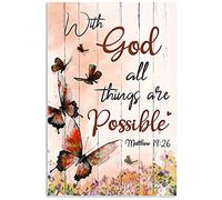 Retro Metal Aluminium Tin Sign Butterfly With God All Thing Are Possible Wall Art Farmhouse Sign Decor Vintage Wall Poster Metal Plaque Old Fashion Aluminum Sign for Home Coffee Wall Decor 8x12 Inch