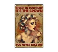 Retro Metal Sign Glam Woman Hair Rollers Lipstick Quote Invest In Your It's The Crown You Never Take Off Wall Art For Salon Barber Shop Beauty Room Bedroom Home Decor 8 x 12 Inch
