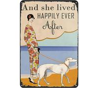 Retro Metal Sign Greyhound Dog and She Lived Happily Ever After Rustic Decor Vintage Tin Sign Home Kitchen Bar Farmhouse Ranch Cafe Club Cave Wall Decor Dog Tin Sign 12x8 Inch