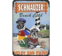 Retro Metal Sign Miniature Schnauzer Beach Relax and Enjoy Rustic Decor Vintage Tin Sign Home Kitchen Bar Cafe Club Cave Wall Decor Dog Tin Sign 12x8 Inch