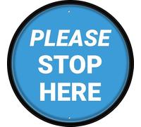 Retro Metal Signs Decorative Tin Plaques Please Stop Here Blue Circular Sign Safety Restriction Alert Attention Caution Warning Notice Aluminum Metal Tin 12"X12" Sign Plate
