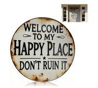Retro Metal Signs，Welcome To My Happy Place，Vintage Welcome Room Decor，Fun Vintage Decor Wall Art Happy Place For Home Front Door Cafe Bar Club Patio Porch，8x8 Inch Round Aluminum Sign