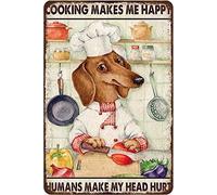 Retro Metal Tin Sign 12 X 16 Inches Chef Dachshund Dog Cooking Makes Me Happy Rustic Tin Sign Wall Decor Plaque Bar Poster Plaque Suitable for Man Cave Cafes Office Home Garage Kitchen Restaurant