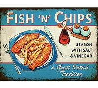 Retro Metal Tin Sign 5.5 X 8 Inches Fish N Chips British Tradition Home Decoration Art Poster Metal Sign Tin Painting Novelty Wall Art Decorative Crafts Funny Novelty Metal Retro Wall Decor Home Decor