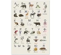 Retro Metal Tin Sign 8x12 inches Russian Illustrated Alphabet, Vintage Animal Illustrations Cyrillic Letters, Linguist Gift Big Premium Matte Paper Home Decoration Art Iron Poster