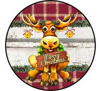Retro Metal Tin Sign 8x8inch Merry Christmas Moose Bell Round Tin Sign Vintage Metal Wall Decor Front Door Decor Wreath Sign Christmas Sign Funny Christmas Home Decoration