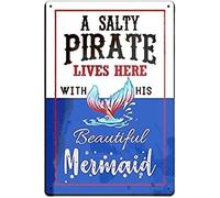 Retro Metal Tin Sign For Backyard Pool Decor- For Swimming Pool House Wall Or Fence With A Retro Look A Salty Pirate Lives Here With His Beautiful Mermaid Plaque Vintage Signs 6x8 Inch