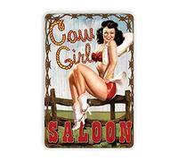 Retro Metal tin Sign Funny Cowgirl Saloon-Pin-Up Girl, Style Plaque Artation Mural Gifts Bar Pub Beer Club Sign for Home Cave Garage bar Wall Decoration Vintage Metal Sign 8 x 12 inch