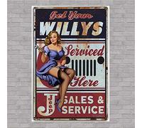 Retro Metal tin Sign Funny GET Your Willys SERVICED HERE Pin UP Girl Man Cave Bar Steels Sign for Home Cave Garage bar Wall Decoration Vintage Metal Sign 8 x 12 inch