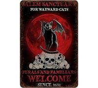 Retro Metal Tin Sign Halloween Cat Poster Salem Sanctuary For Wayward Cats Ferals And Familiars Welcome Poster Salem Cat Wall Art Black Cat Vintage Tin Sign 8x12Inch