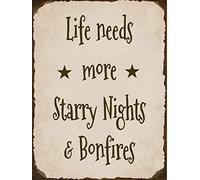 Retro Metal tin Sign Life Needs More Starry Nights & Bonfires Camping Firepit Backyard Cabin Sign Funny Home Cave Garage bar Wall Decoration Vintage Metal Sign 8 x 12 inch