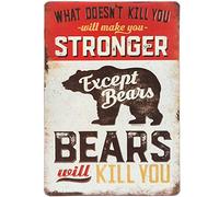 Retro Metal Tin Sign What Doesn't Kill You Makes You Stronger Except Bears Will Kill You Poster Vintage Metal Plaque Wall Decor Gift For Bathroom Restaurant Farm Bedroom Cafe School 8×12 INCH