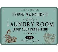 Retro Metal Tin Signs - Self Service Open 24 Hours Laundry Room Drop Your Pants Here 25 Per Load - Vintage Iron Sign for Commercial Home Cafes Homes Bars Funny Door Art Wall Decor 8x12in