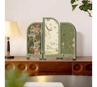 Retro Mini Folding Screen, 3-Panel Vintage Pattern Art Miniature for Home Decoration, Green Desktop Panel Divider