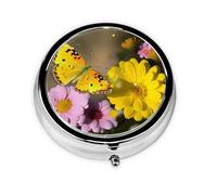 Retro Mirror Pill Box 3 Compartments Pill Box Yellow Butterfly and Flower Small Pill Organizer for Wallet or Pocket Decorative Metal Medicine Organizer