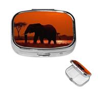 Retro Mirror Pill Case 2 Compartments Pill Box African Elephant Sunset Pill Organizer Small for Wallet Pocket Decorative Pill Organizer