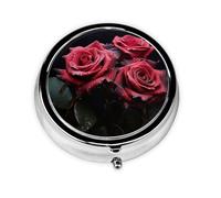 Retro Mirror Pill Case 3 Compartments Pill Box Rose Red Black Leaves Pill Organizer Small for Wallet Pocket Decorative Pill Organizer