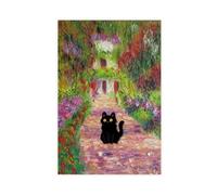 Retro Monet Garden Cat Canvas Wall Art Funny Floral Cat Wall Art Prints Monet Canvas Wall Art Rustic Farmhouse Landscape Wall Decor Eclectic Preppy Aesthetic Room Decor
