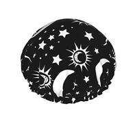 Retro Moon and Star Luxury Shower Cap Women Waterproof Reusable PEVA Lining Adjustable Elasticized Hem for All long Hair Bath Hat