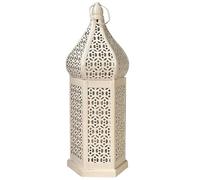 Retro Moroccan Hollow Metal Lantern, Led Light Source, Tall Tower Form, White Iron Lantern For Outdoor, Patio, Home, Garden Decor, Hanging Or Standing