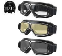 Retro Motorcycle Goggles, Vintage Pilot Style, 3 Lens Colours (Clear/Yellow/Smoke), PU Leather Windproof Anti-Fog Glasses for Open Face Helmet, Motorbike Scooter ATV Riding, UK (A)