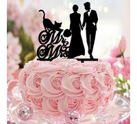 Retro Mr & Mrs Cake Topper Silhouette With Dog Cat Bride & Groom Cake Toppers Customize Couple Names Wedding Est Date For Wedding Anniversary Cake Decorations Engagement Gifts For Couple Acrylic Black