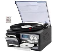 Retro Music Centre With 3-speed Vinyl Record Turntable | CD & Cassette Player, Bluetooth Streaming, FM Radio, USB & Built-in Stereo Speakers, Dust Cover(All-black)