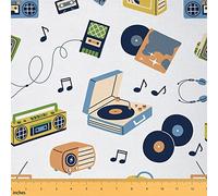 Retro Music Fabric by The Yard Vintage 70s Style Old Cassette Tape Fabric for Upholstery and Home DIY Projects Music Theme Headset Musical Notes Fabric for Chairs Curtains Lamp Shade,1 Yard