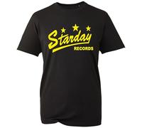 Retro Music Label Graphic Shirt | Vintage Record Company Style Tee with Stars and Script Logo (Black, 9 Years)