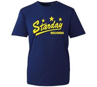 Retro Music Label Graphic Shirt | Vintage Record Company Style Tee with Stars and Script Logo (Navy, S Years)